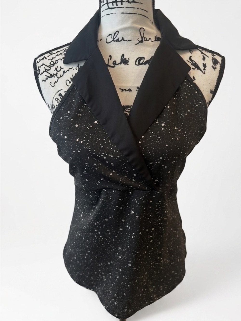 Black Speckled Halter Top with Satin Collar SUPER STRETCHY